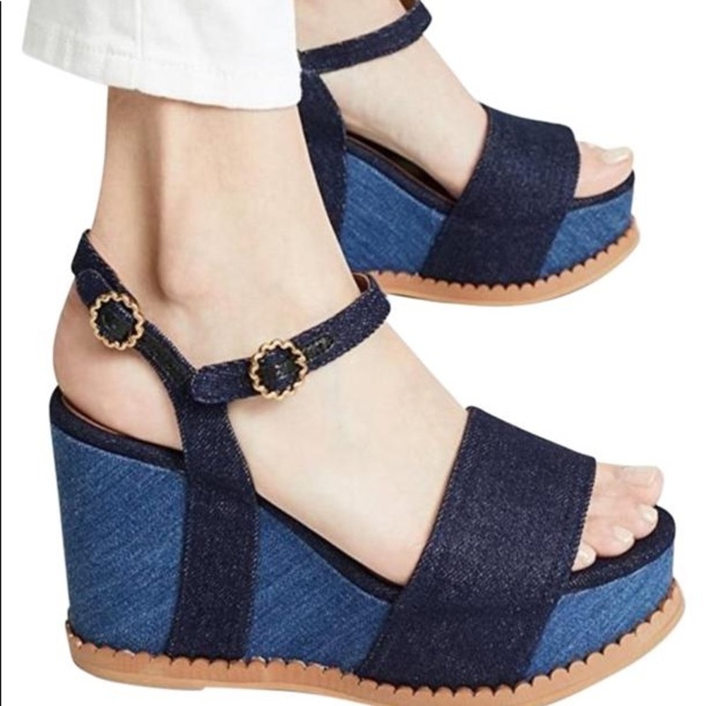 See by Chloe Carrie Super Wedge Platform Sandals Scalloped Trim Denim EU 36 US 5